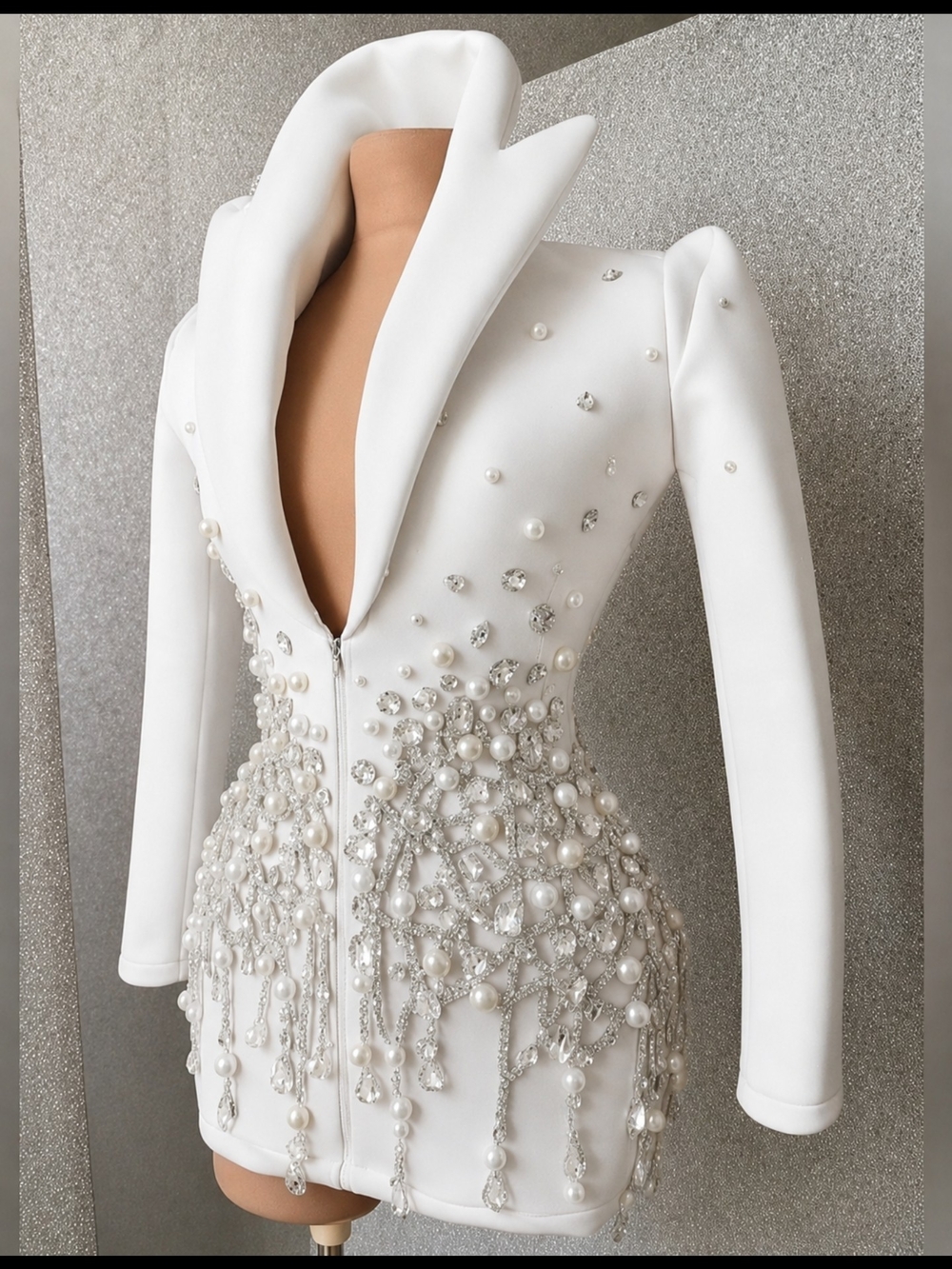 Embellished White Pearl & Crystal Blazer Jacket